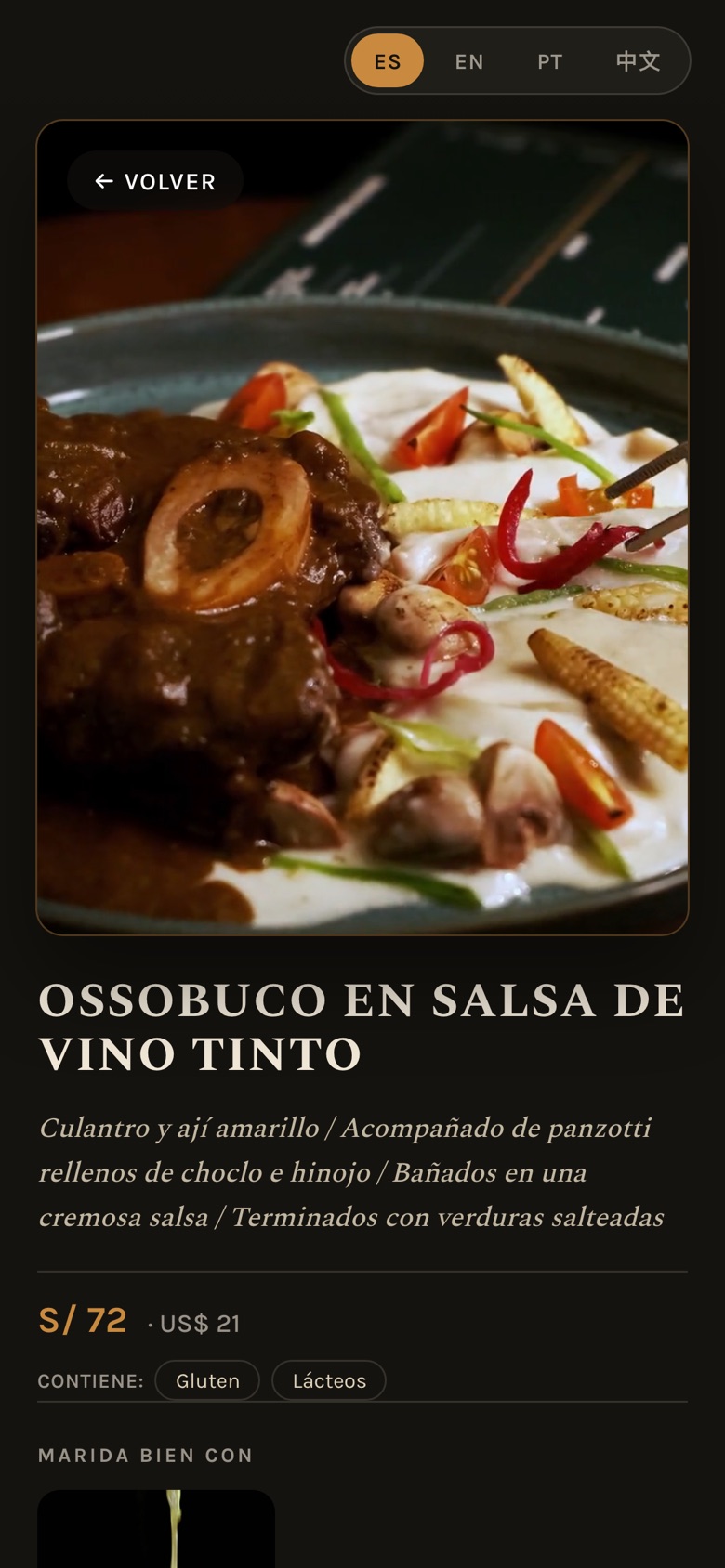 Un plato de la carta con su video, su descripción y su precio