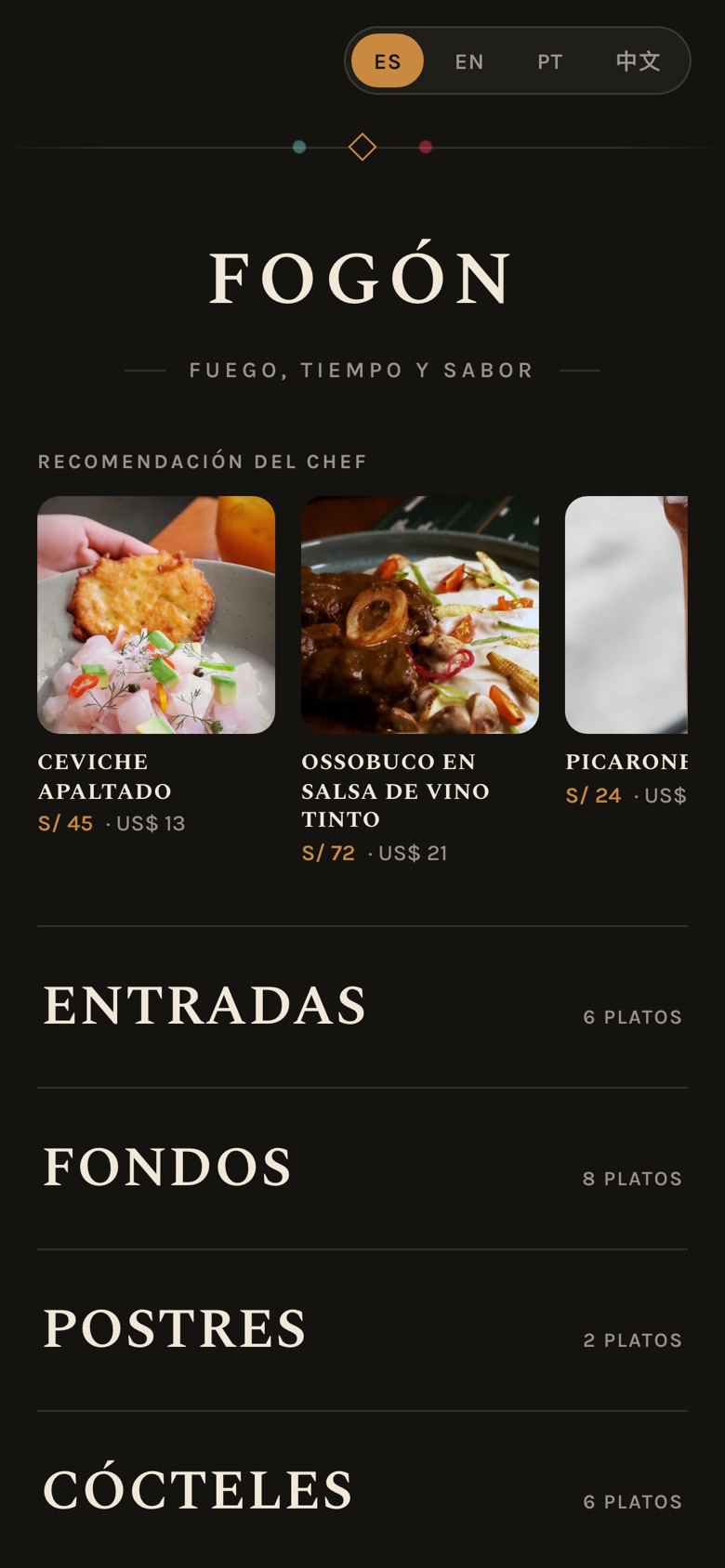 Portada de una carta de Carta+ en un celular, con los platos recomendados